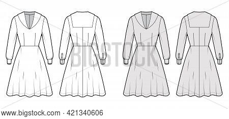 Dress Sailor Technical Fashion Illustration With Middy Collar, Long Sleeve With Cuff, Fitted Body, K