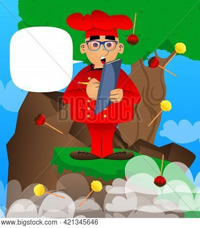 Fat Male Cartoon Chef In Uniform Writing On A Books Cover. Vector Illustration. Cook With A Notebook