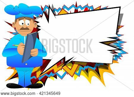 Fat Male Cartoon Chef In Uniform Writing On A Books Cover. Vector Illustration. Cook With A Notebook