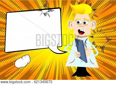 Funny Cartoon Doctor Writing On A Books Cover. Vector Illustration. Health Care Worker With A Notebo