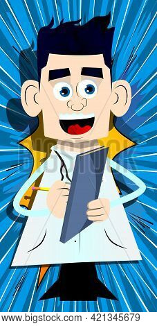 Funny Cartoon Doctor Writing On A Books Cover. Vector Illustration. Health Care Worker With A Notebo