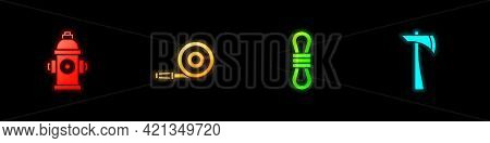 Set Fire Hydrant, Hose Reel, Climber Rope And Firefighter Axe Icon. Vector