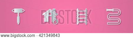 Set Paper Cut Firefighter Axe, In Burning House, Escape And Hose Reel Icon. Paper Art Style. Vector