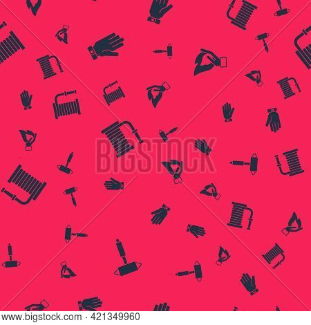 Set Firefighter Axe, Gloves, Hose Reel And Hand Holding Fire On Seamless Pattern. Vector