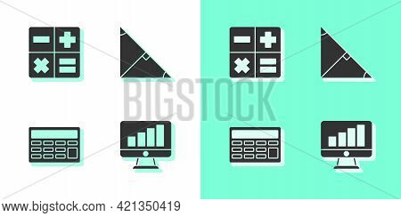 Set Computer Monitor With Graph Chart, Calculator, And Angle Bisector Of Triangle Icon. Vector