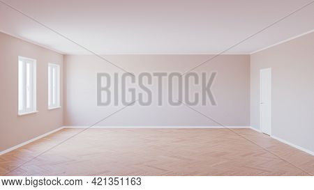 Empty Interior With Parquet Floor, Two Windows, Beige Walls, White Door And White Plinth, 3d Render.