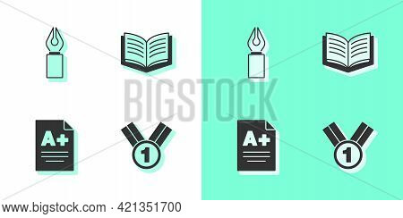 Set Medal, Fountain Pen Nib, Exam Sheet With A Plus Grade And Open Book Icon. Vector