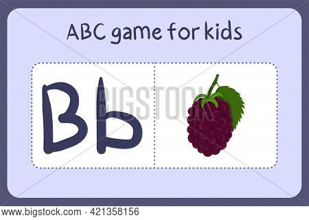 Kid Alphabet Mini Games In Cartoon Style With Letter B - Blackberry. Vector Illustration For Game De
