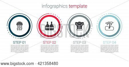 Set Jellyfish, Life Jacket, Bodybuilder Muscle And Tropical Palm Tree. Business Infographic Template