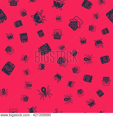 Set Spider, Halloween Witch Cauldron, Tombstone With Rip Written And Chocolate Bar On Seamless Patte