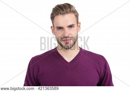 Visit Your Barber Regularly. Unshaven Man With Stylish Hair Isolated On White. Hair Salon