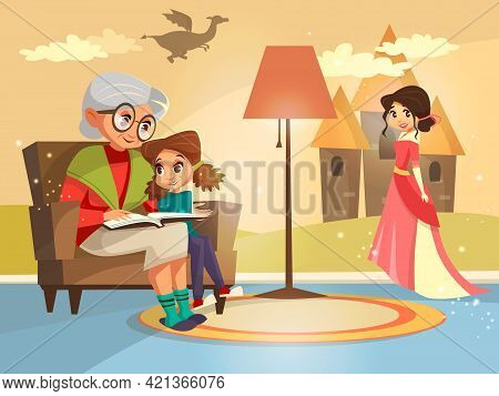 Vector Cartoon Grandmother Reading Fairy Tale Book To Girl Kid Sitting At Armchair. Illustration Eld