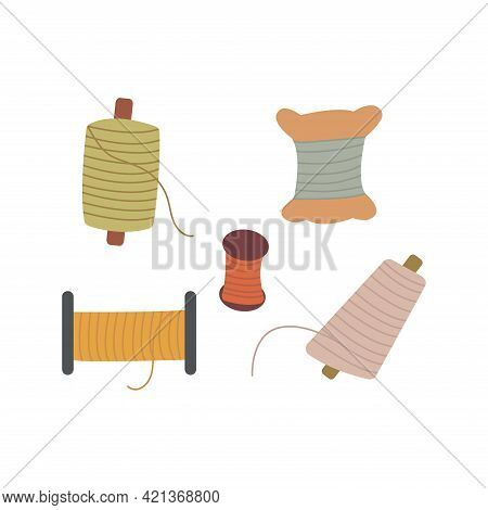 Set Of Spools Of Thread For Sewing. Colorful Vector Illustration In Hand Drawn Style Isolated. Sewin