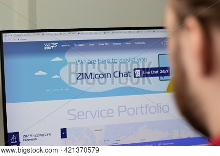New York, Usa - 1 May 2021: Zim Company Website With Logo On Screen, Illustrative Editorial