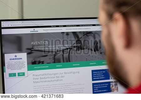 New York, Usa - 1 May 2021: Emerson Aventics Website With Logo On Screen, Illustrative Editorial