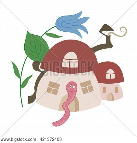 House For The Worm. Wild Boletus Mushroom, Bell Flower, Cute Pink Worm. Home Comfort, Forest. Hand-d