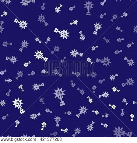 White Cowboy Horse Riding Spur For Boot Icon Isolated Seamless Pattern On Blue Background. Vector