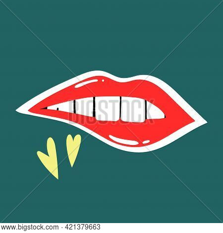 Red Lips. Female Sexy Lipstick Modern Poster Or Card. Woman Lip With Makeup, Tongue And White Teeth,