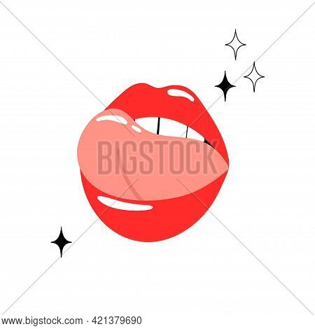 Red Lips. Female Sexy Lipstick Modern Poster Or Card. Woman Lip With Makeup, Tongue And White Teeth,