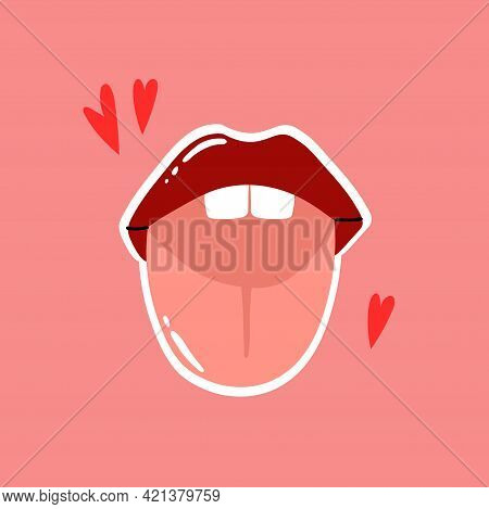 Red Lips. Female Sexy Lipstick Modern Poster Or Card. Woman Lip With Makeup, Tongue And White Teeth,