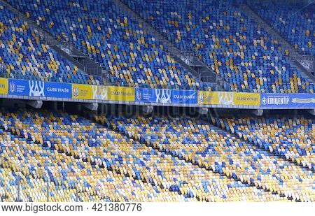 Kyiv, Ukraine - March 28, 2021: Empty Tribunes Of Nsk Olimpiyskiy Stadium During The Fifa World Cup 