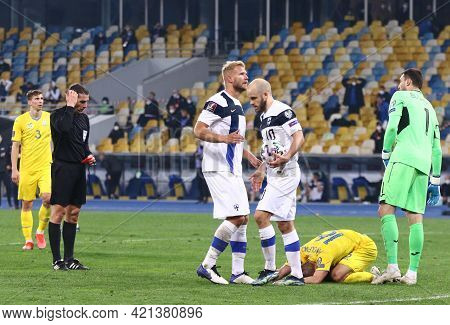 Kyiv, Ukraine - March 28, 2021: T.pukki Of Finland (with Ball) Prepares To Perform A Penalty Kick Wh
