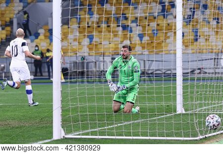 Kyiv, Ukraine - March 28, 2021: Goalkeeper Georgiy Bushchan Of Ukraine Reacts After Missed A Goal Fr