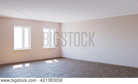 8k Ultra Hd Interior Corner With Beige Walls, Dark Parquet Floor, Two White Plastic Windows, And Woo