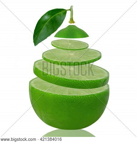 One Green Lemon, Cut In Half And Thinly Sliced  Isolate On White Background.