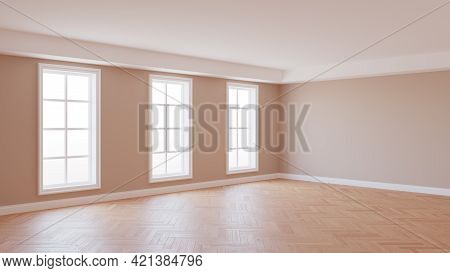 Beautiful Interior Corner With Beige Walls, Parquet Floor, Three White Large Windows, And A White Pl