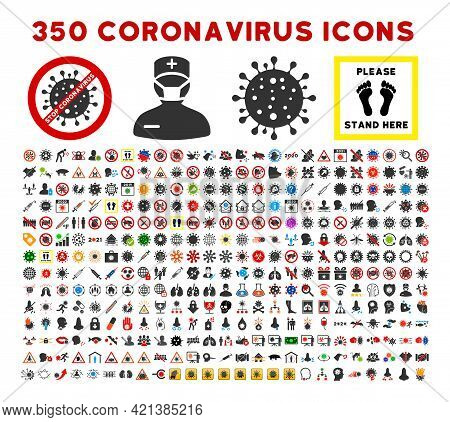 350 Coronavirus Icons In Flat Style. 350 Coronavirus Icons Is A Vector Icon Set Of Virus, Microbe, C