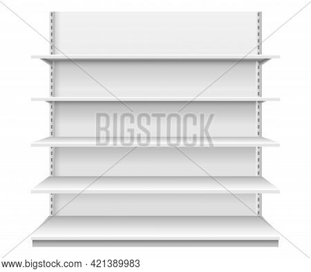 Store Shelves. White Empty Supermarket Shelf. Realistic Front View Showcase Display For Product Adve