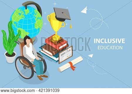 3d Isometric Flat Vector Conceptual Illustration Of Inclusion In Education, Studying Disabled Childr