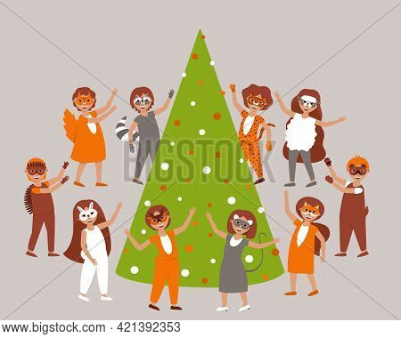 Children In Carnival Costumes And Masks Of Forest Animals Dance Around The Christmas Tree. Christmas