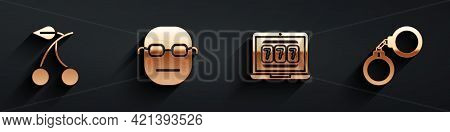 Set Casino Slot Machine With Cherry, Poker Player, Laptop And Slot Machine And Handcuffs Icon With L