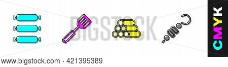 Set Sausage, Spatula, Wooden Logs And Grilled Shish Kebab Icon. Vector
