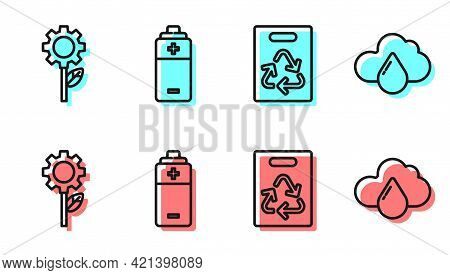 Set Line Paper Bag With Recycle, Leaf Plant In Gear Machine, Battery And Cloud With Rain Icon. Vecto