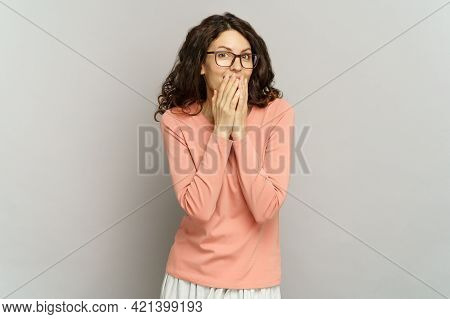 Shocked Positive Female Laugh Cover Mouth With Hand, Giggling. Excited Surprised Young Woman With Cu