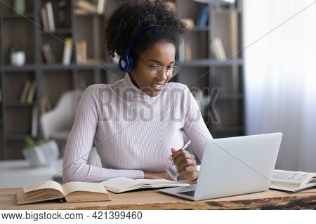 Happy Young African Woman Holding Video Zoom Call Conversation.