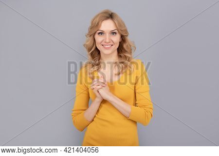 Blond Woman Portrait. Express Positive Emotions. Smooth Face Skin. Happy Lady