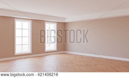 Interior Corner With Beige Walls, Parquet Floor, Two White Large Windows, And A White Plinth With Wo