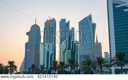 Colorful Skyline Of Doha Qatar City During Night During Winter Season