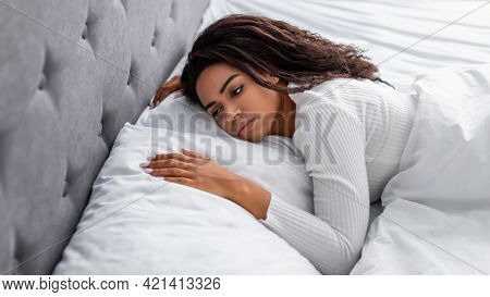 Depressed Black Lady Lying In Bed Alone And Feeeling Upset