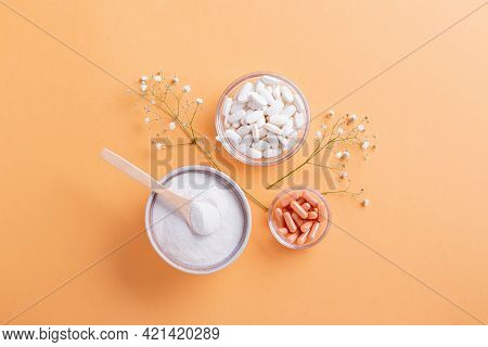 Different Types Of Collagen For Skin Care Flat Lay On Bright Background, Copy Space