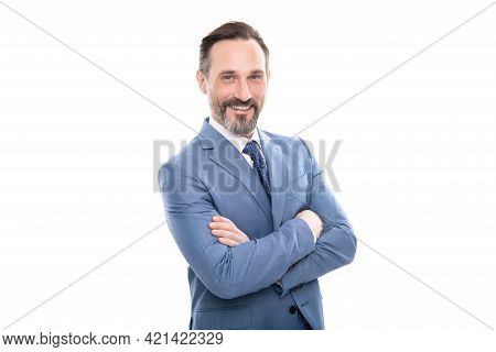 Happy Mature Grizzled Businessman In Businesslike Suit Isolated On White, Business