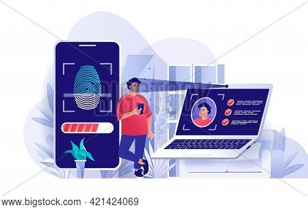 Biometric Access Control Concept In Flat Design. User Identification By Face Recognition And Fingerp