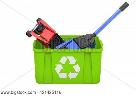 Recycling Trashcan With Hydraulic Floor Jack, 3d Rendering Isolated On White Background