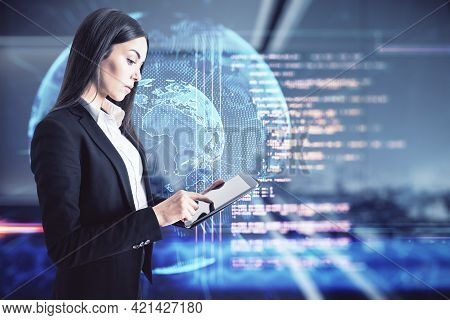 Online Programming Education Concept With Young Woman With Digital Tablet On Virtual Screen Backgrou