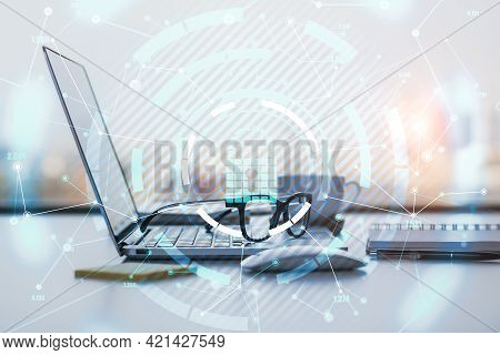 Encircled Keylock Hologram Icon With A Laptop And Glasses On The Keyboard In The Background, Data Sa