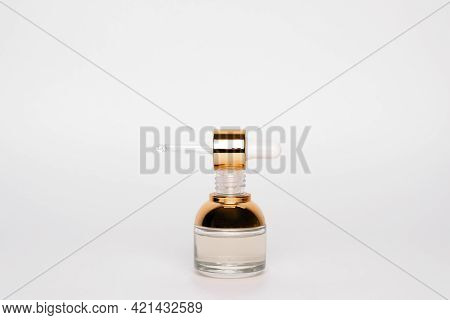 Transparent Golden Bottle With Pipette And Hylauronic Acid. Top Horizontal View Copyspace